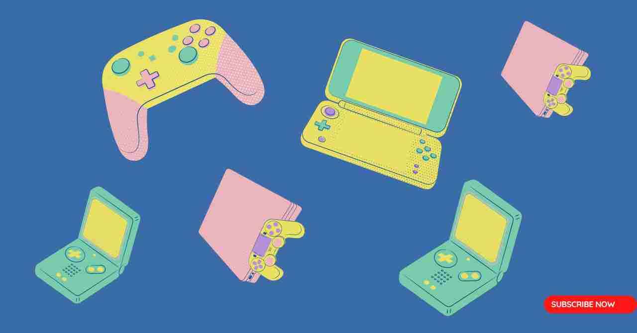 ゲーム機器とコントローラがいくつか並んでいるイラスト